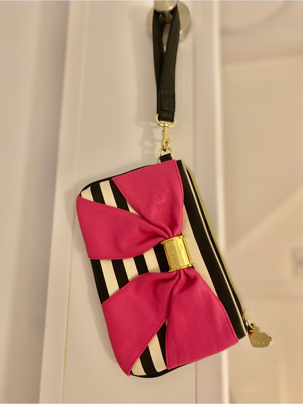 Betsey Johnson Pink Bow Striped Wristlet Clutch